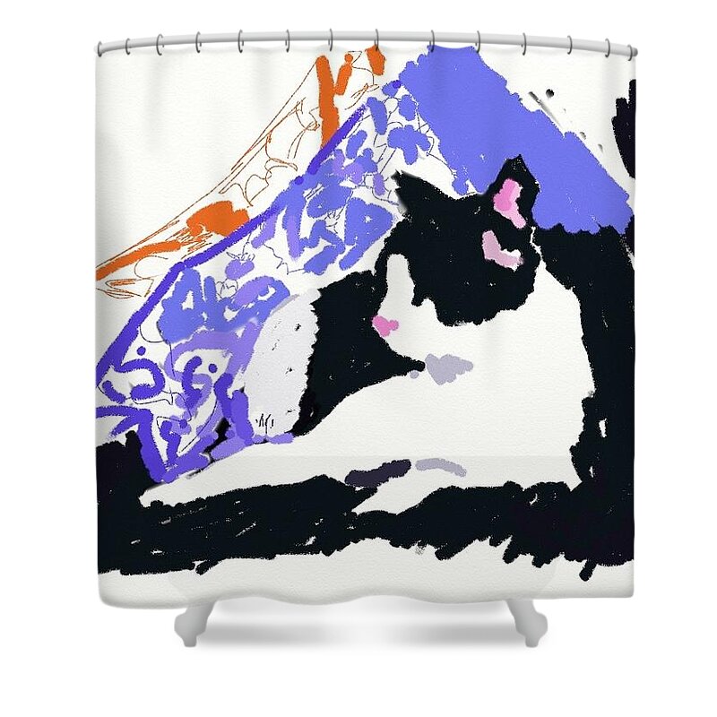 Tuxedo Cat Shower Curtain featuring the painting Digital Tuxedo by Carol Berning