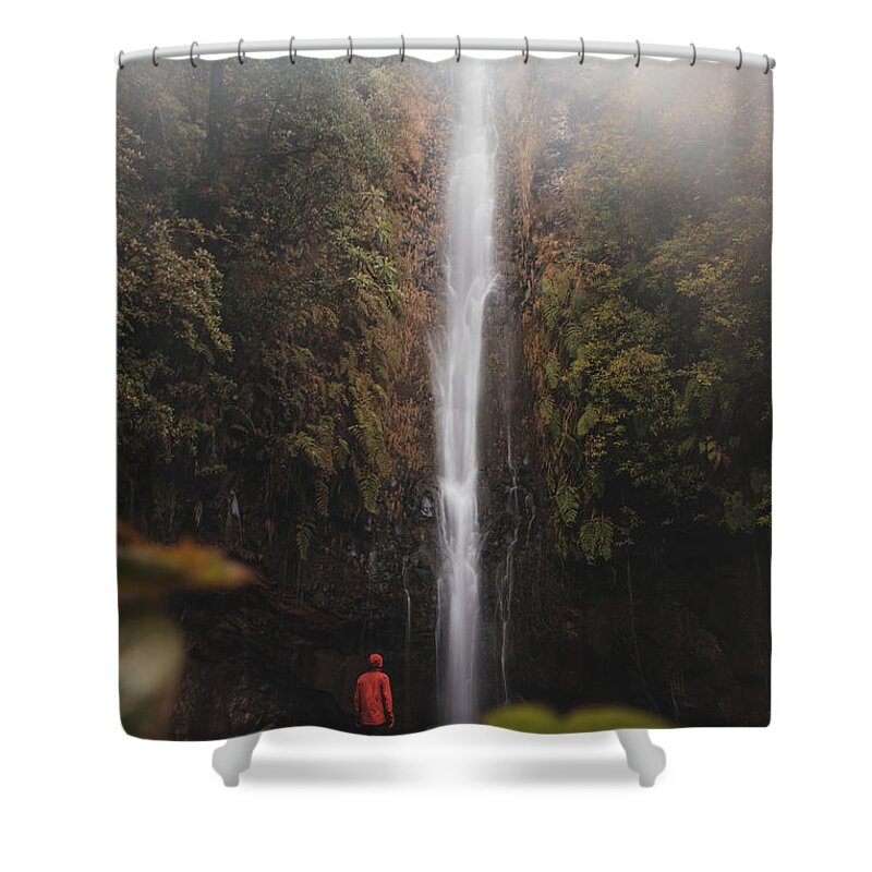 25fontes Waterfall Shower Curtain featuring the photograph Discoverer standing under 25 fontes waterfall, Madeira by Vaclav Sonnek