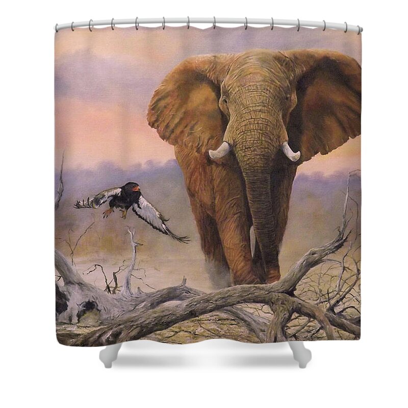 African Elephant. Tusks Shower Curtain featuring the painting Disturbance by Barry BLAKE