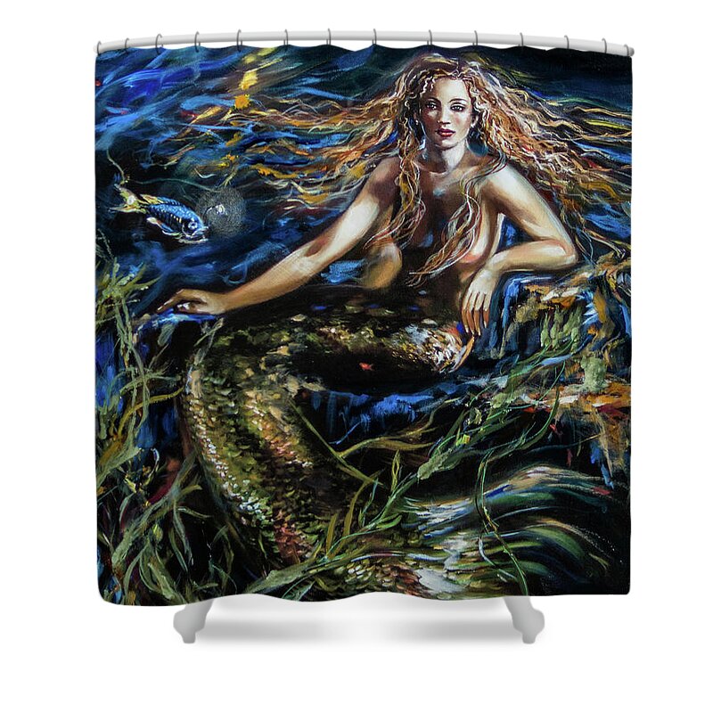 Ocean Shower Curtain featuring the painting Dive Deep by Linda Olsen