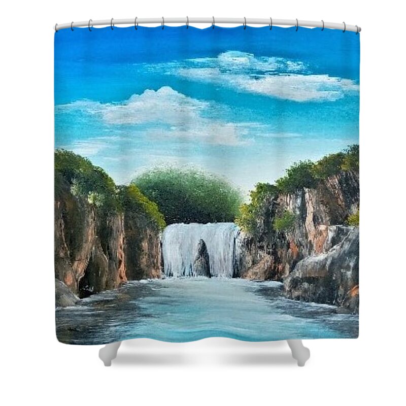 Landscape Shower Curtain featuring the painting DO4-Deno Onsumo by Deno Onsomu