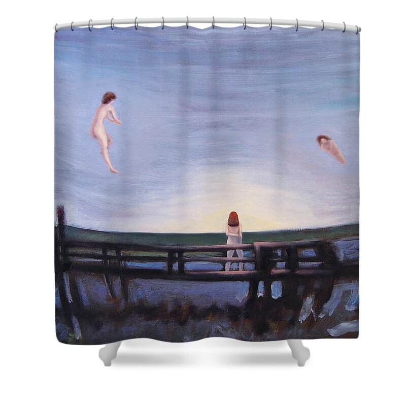 Flying Shower Curtain featuring the painting Dock of the marsh by Tim Murphy