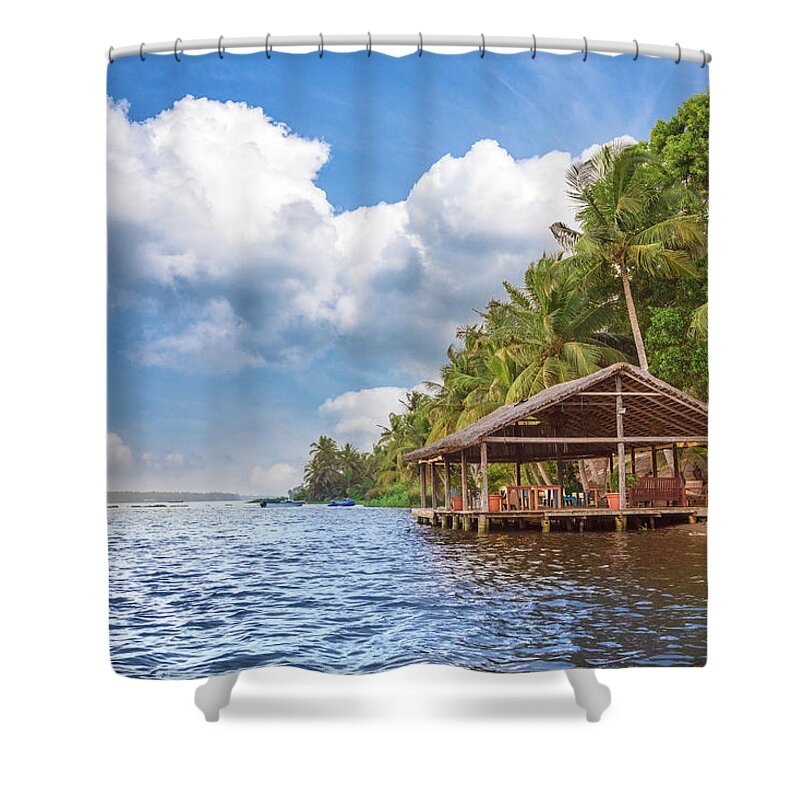 African Shower Curtain featuring the photograph Dockhouse Under the Palms by Debra and Dave Vanderlaan