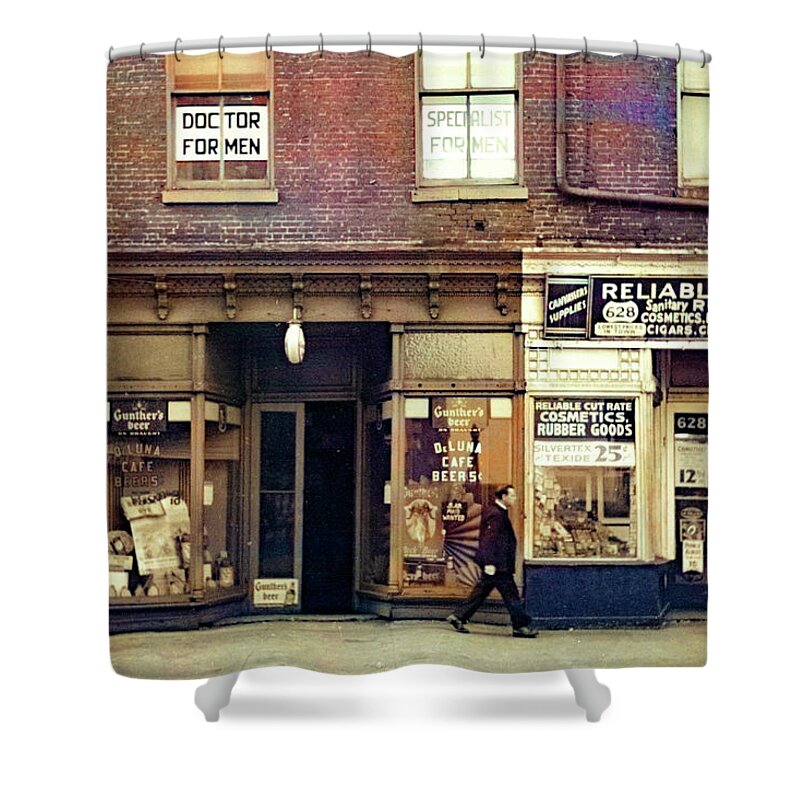 Colorized Shower Curtain featuring the photograph Doctor for Men on East Baltimore Street 1939 by Bill Swartwout
