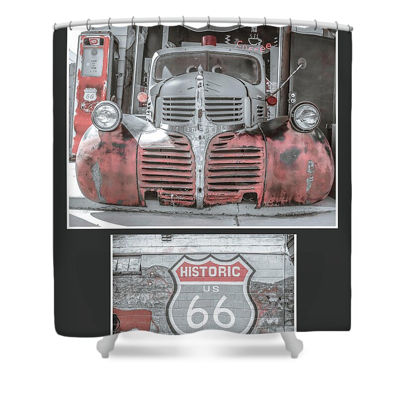 Dodge Shower Curtain featuring the photograph Dodge truck Rt66 collage by Darrell Foster