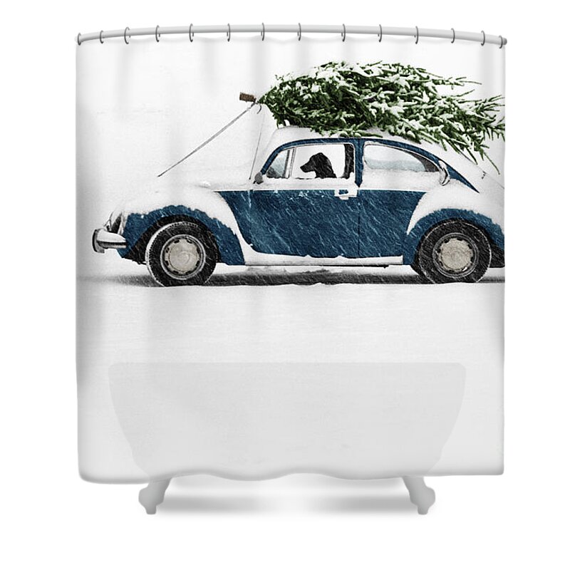 Americana Shower Curtain featuring the photograph Dog in Car with Christmas Tree by Ulrike Welsch