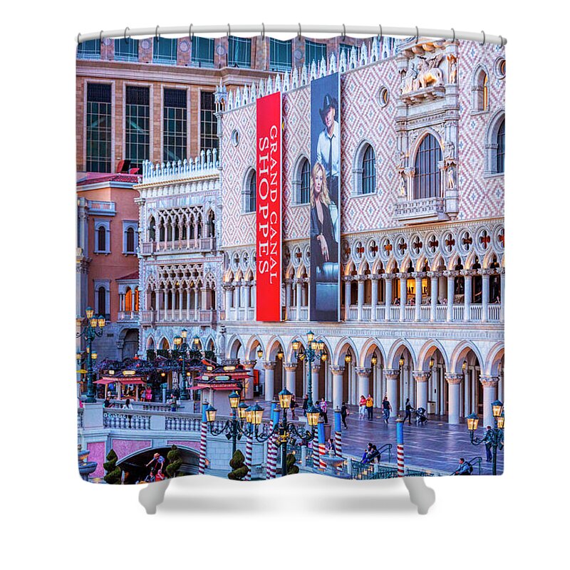 The Venetian Las Vegas Shower Curtain featuring the photograph Doge's Palace Plaza Las Vegas, at dusk by Tatiana Travelways