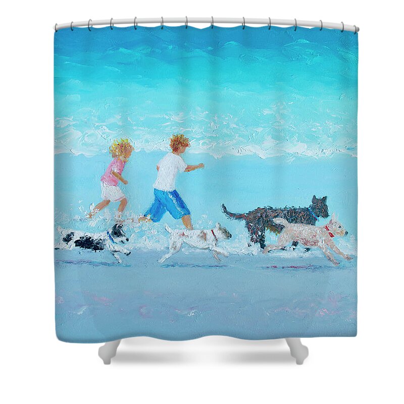 Beach Shower Curtain featuring the painting Dogs Day Out, beach scene by Jan Matson