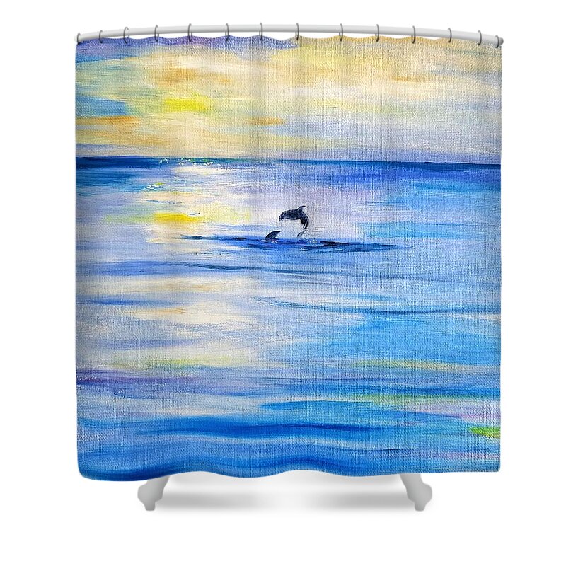 Dolphin Shower Curtain featuring the painting Dolphins at Play by Linda Cabrera