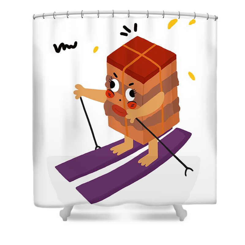 Dongpo Meat Shower Curtain featuring the drawing Dongpo's braised pork loves skiing by Min Fen Zhu