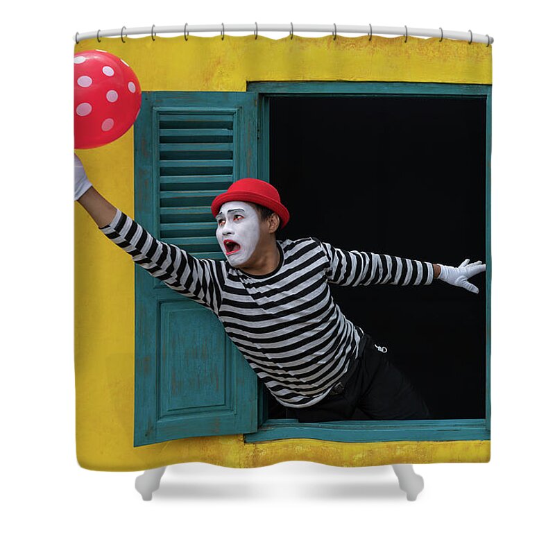 Clown Shower Curtain featuring the photograph Don't fly away by Anges Van der Logt