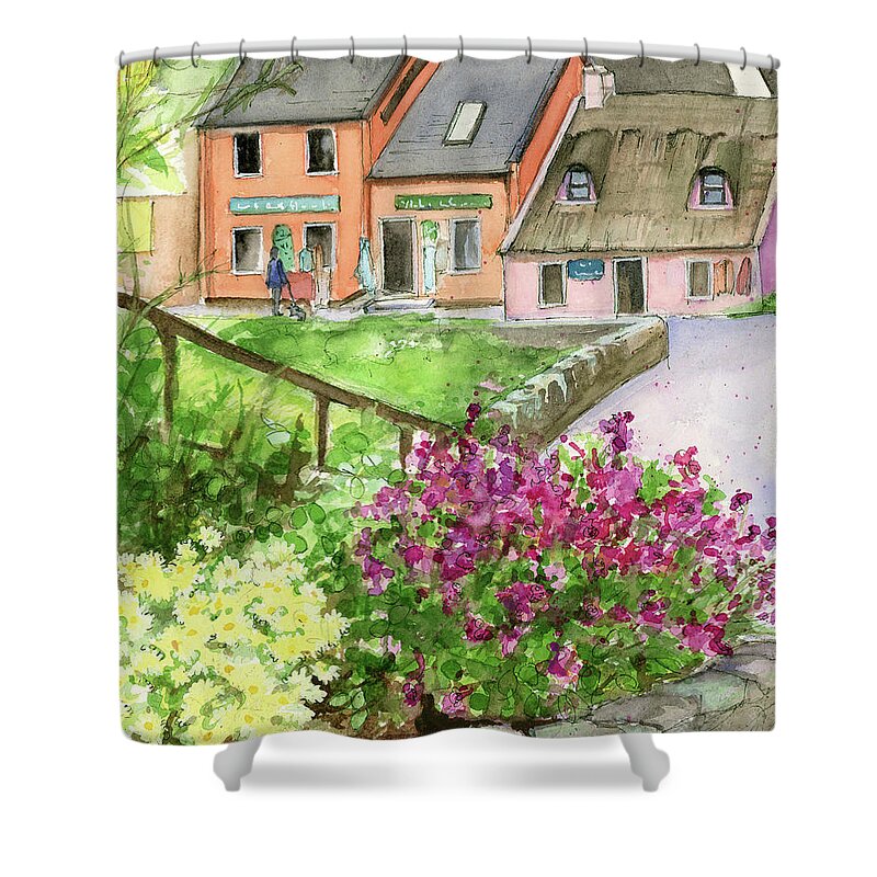Doolin Shower Curtain featuring the painting Doolin Ireland Shops and Flowers by Rebecca Matthews