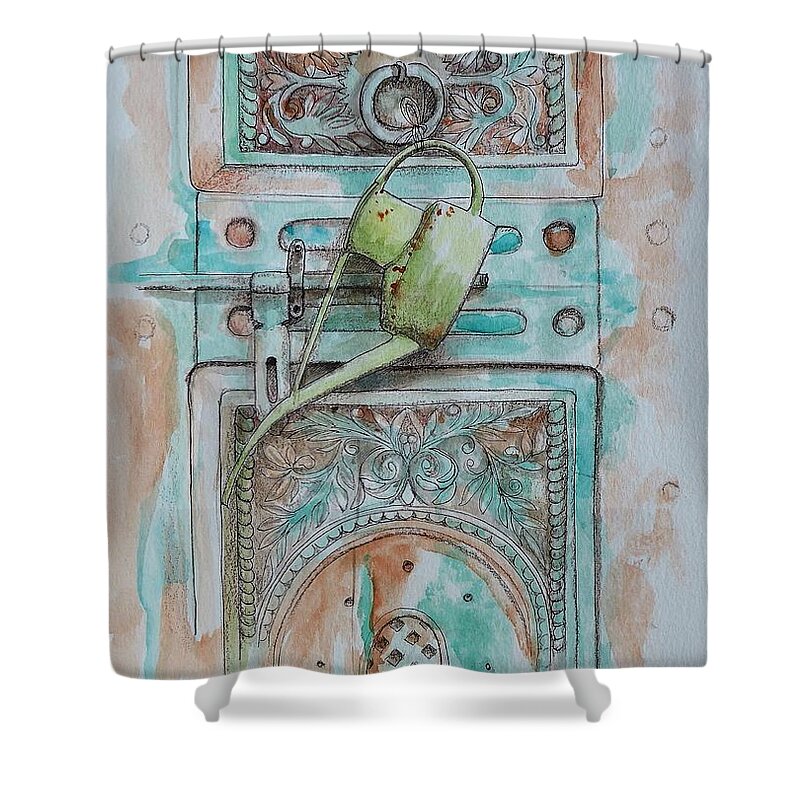 Watering Can Shower Curtain featuring the mixed media Door with watering can by Lisa Mutch