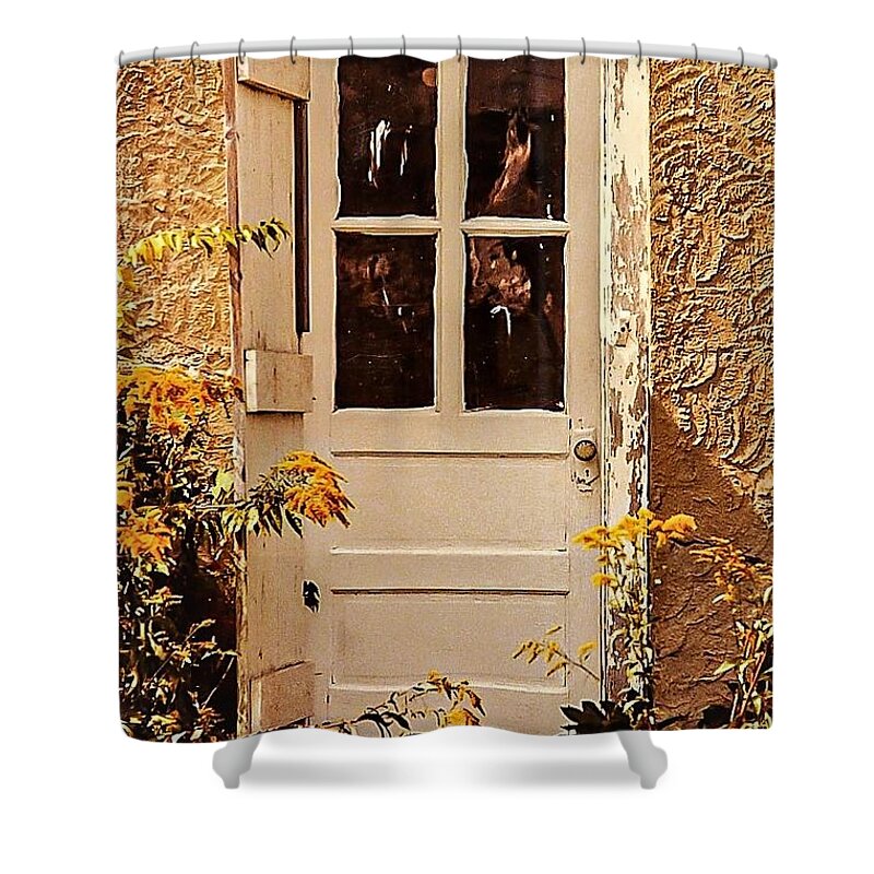 Door Yellow Wood Flower Shower Curtain featuring the photograph Door1 by John Linnemeyer