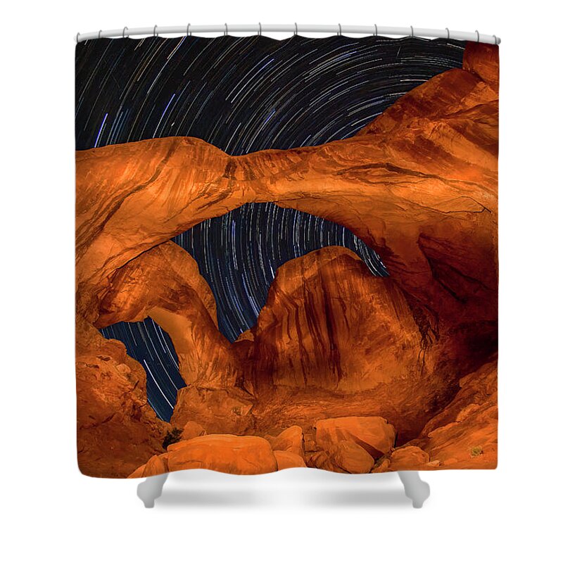 3scape Shower Curtain featuring the photograph Double Arch Star Trails by Adam Romanowicz