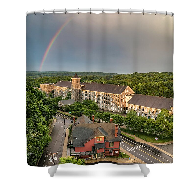 Thread Mill Shower Curtain featuring the photograph Double Rainbow Thread Mill by Veterans Aerial Media LLC