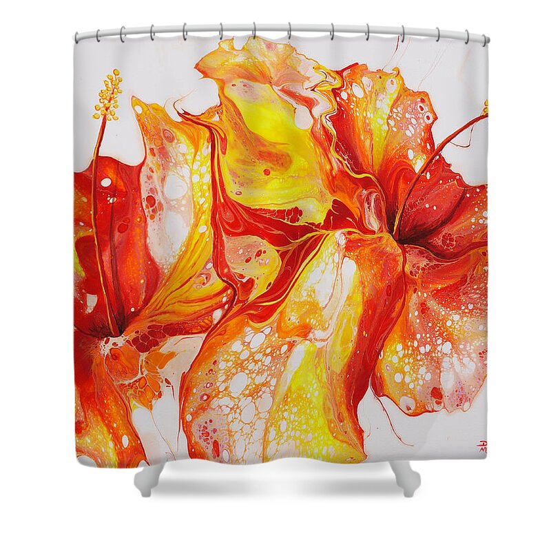 Flower Shower Curtain featuring the painting Double Red and Yellow Hibiscus by Darice Machel McGuire