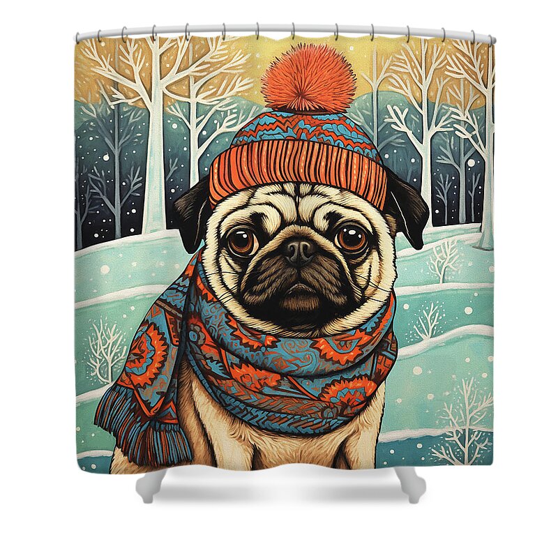 Pug Shower Curtain featuring the digital art Dougie the Pug in Winter by Peggy Collins