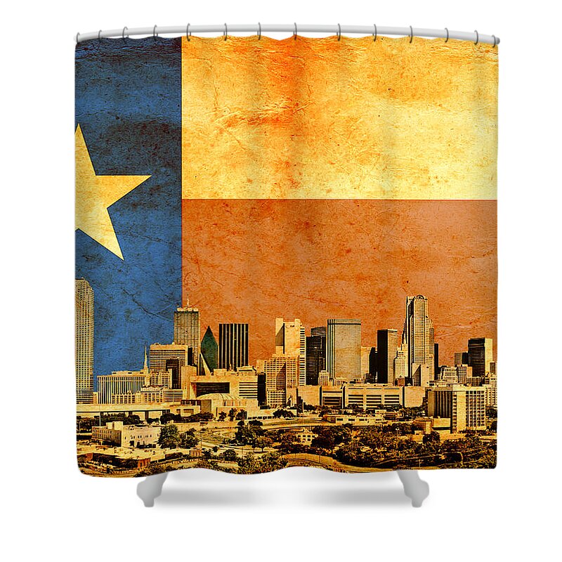 Dallas Shower Curtain featuring the digital art Downtown Dallas skyline blended with the Texas flag and printed on old paper texture by Nicko Prints