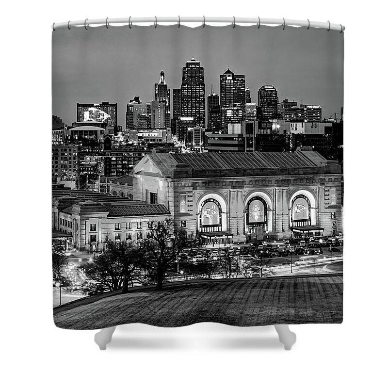 Kansas City Chiefs Shower Curtain featuring the photograph Downtown Kansas City Over Union Station With Chiefs Banners - Monochrome Edition by Gregory Ballos