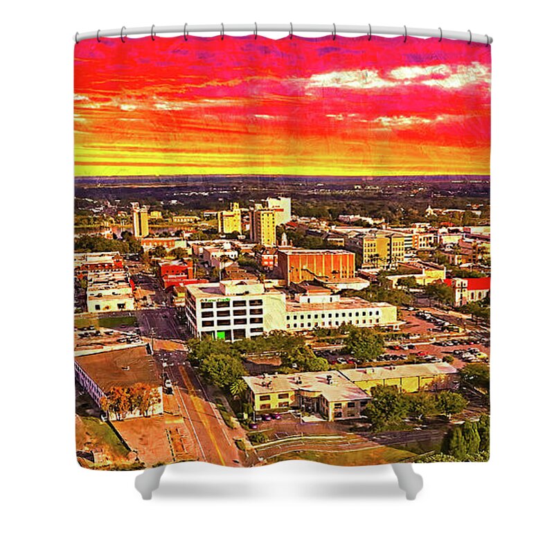Downtown Lakeland Shower Curtain featuring the digital art Downtown Lakeland, Florida, at sunset - digital painting by Nicko Prints