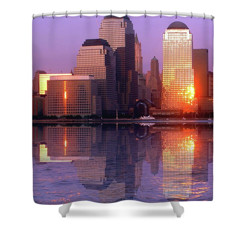 Down Town Shower Curtain featuring the photograph Downtown Manhattan reflection Financial district by Habib Ayat