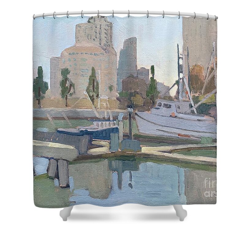 Fishing Boats Shower Curtain featuring the painting Downtown San Diego Tuna Harbor by Paul Strahm