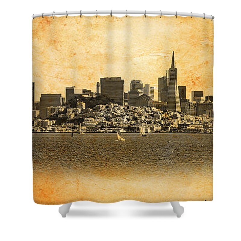 San Francisco Shower Curtain featuring the digital art Downtown San Francisco skyline and the Golden Gate bridge - blended on old paper by Nicko Prints