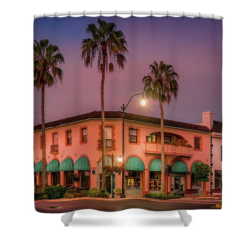 Gulf Coast Shower Curtain featuring the photograph Downtown Venice, Florida at Sunrise 2 by Liesl Walsh