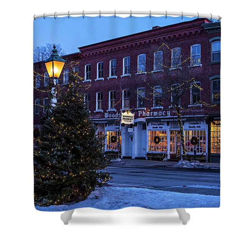 Woodstock Shower Curtain featuring the photograph Downtown Woodstock VT Christmas Tree at Dusk Woodstock Pharmacy by Toby McGuire