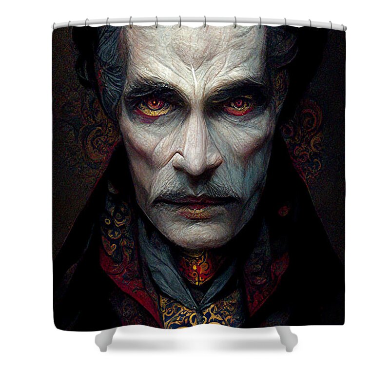 Dracula Shower Curtain featuring the digital art Dracula Halloween Haunted House Portrait by Trevor Slauenwhite