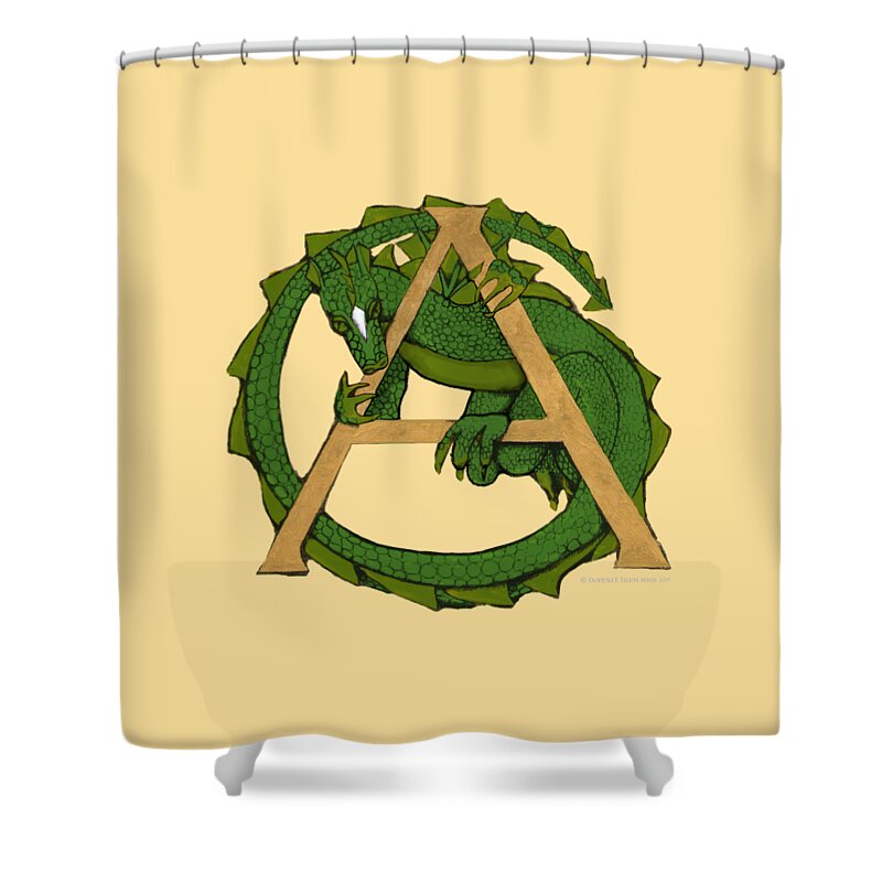 Green Shower Curtain featuring the mixed media Dragon Letter A by Donna Huntriss
