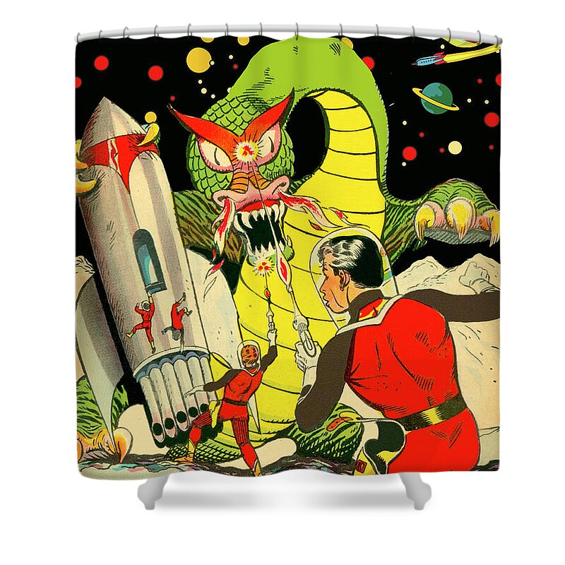 Dragon Shower Curtain featuring the digital art Dragon with Rocket by Long Shot