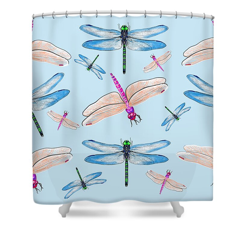 Dragonflies In Blue Sky By Judy Link Cuddehe Shower Curtain featuring the mixed media Dragonflies in Blue Sky by Judy Link Cuddehe