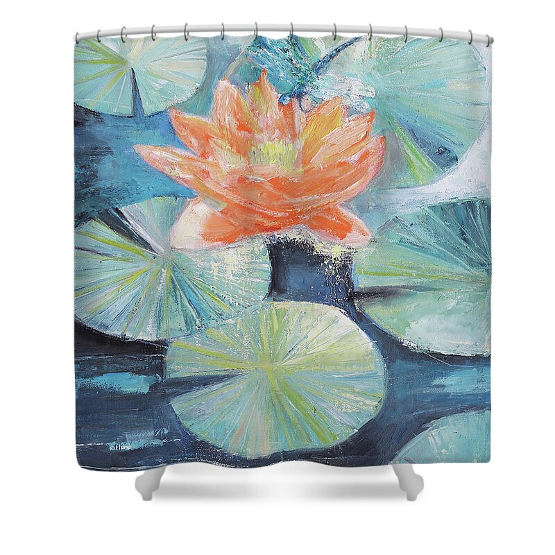 Lotus Shower Curtain featuring the painting Dragonfly And Lotus by Manami Lingerfelt