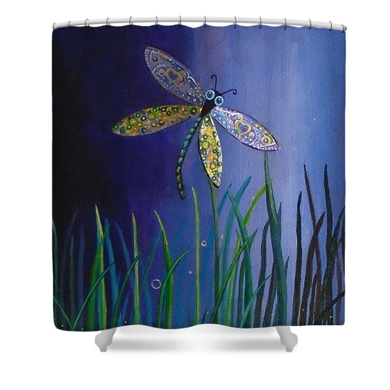 Dragonfly Shower Curtain featuring the painting Dragonfly at the Bay II by Mindy Huntress