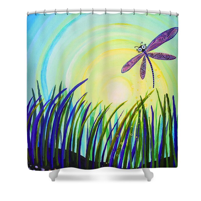 Dragon Fly Shower Curtain featuring the painting Dragonfly at the Bay III by Mindy Huntress