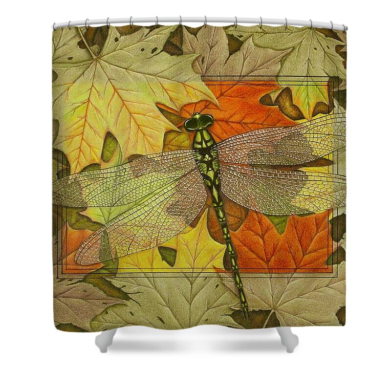 Kim Mcclinton Shower Curtain featuring the drawing Dragonfly Fall by Kim McClinton