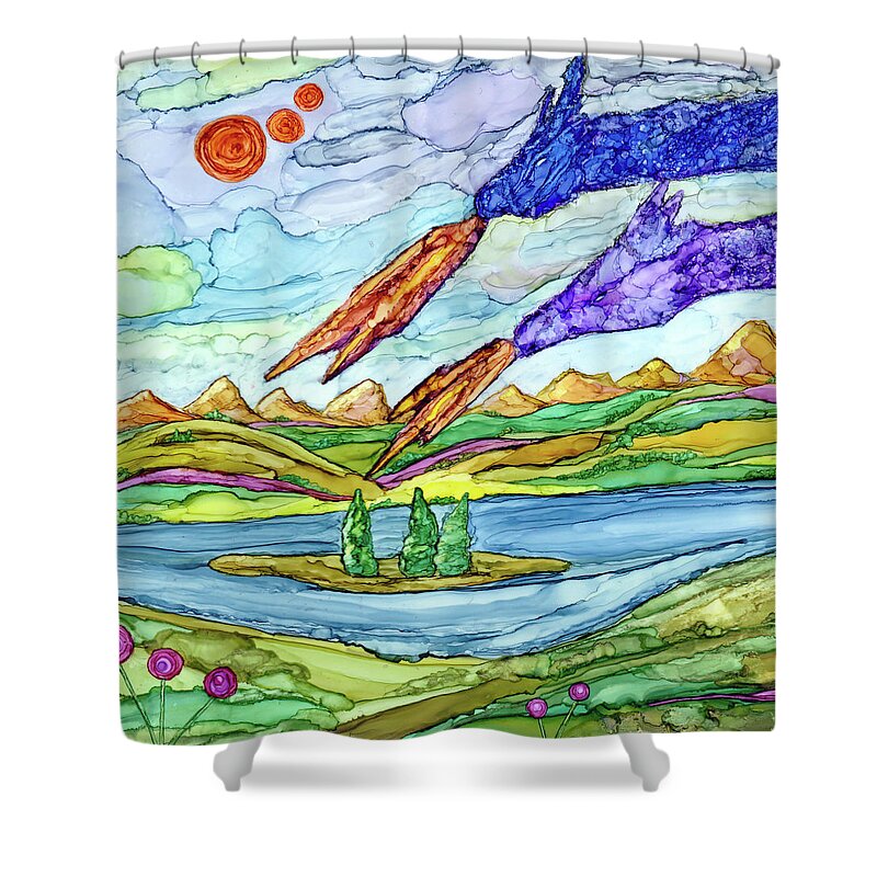 Dreamscape Shower Curtain featuring the painting Dragons Appeared by Winona's Sunshyne