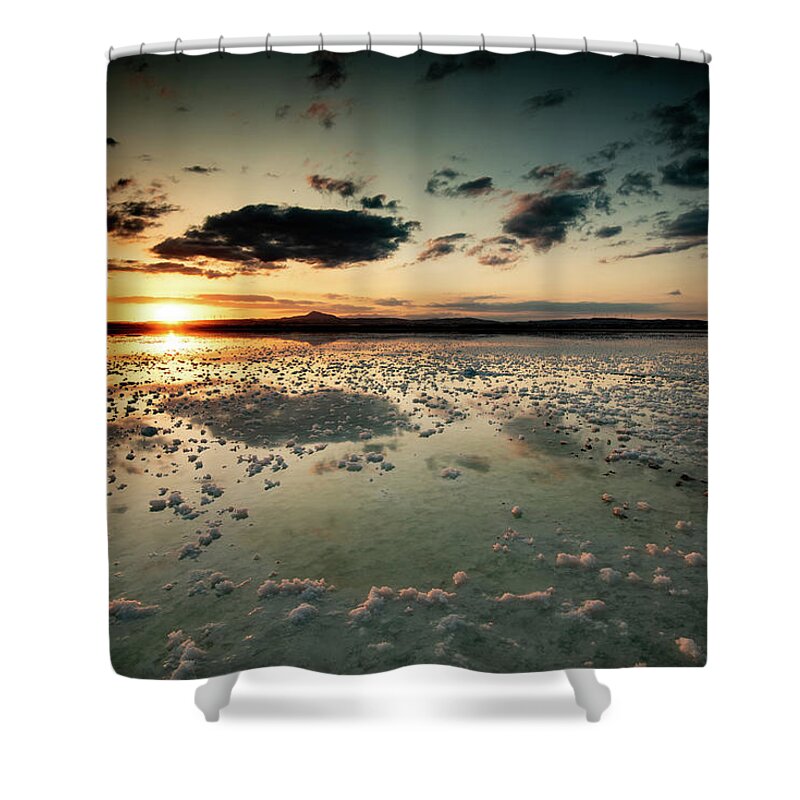 Sunset Shower Curtain featuring the photograph Dramatic winter sunset in the lake. by Michalakis Ppalis