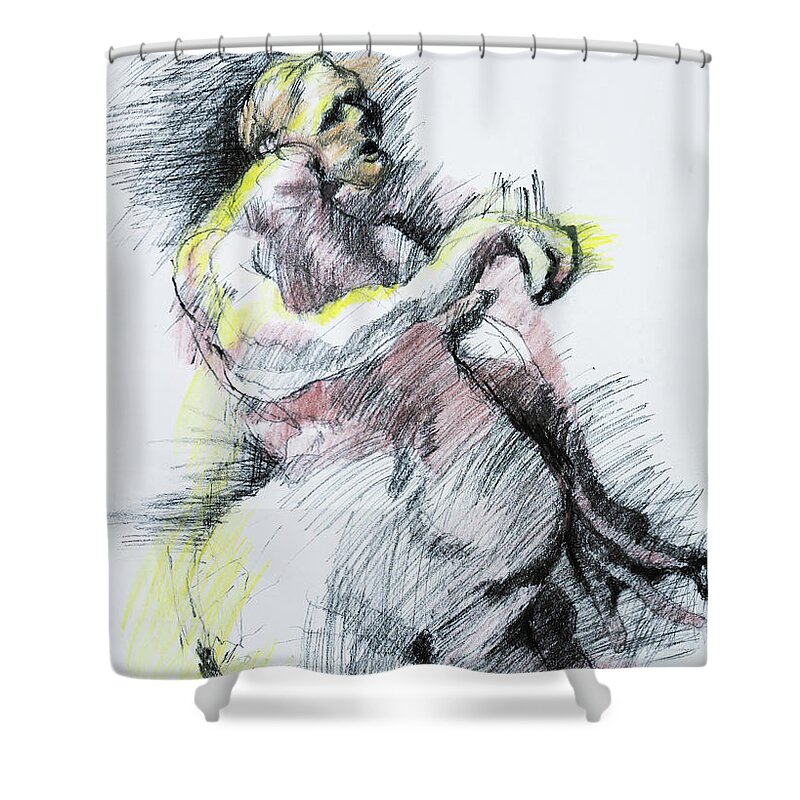 #charcoal #colorpencils #charcoalonpaper #charcolaandcolorpencils #paintingwomen #drawingwomen #olygodactyly Shower Curtain featuring the drawing Drawing of a Woman 45 by Veronica Huacuja