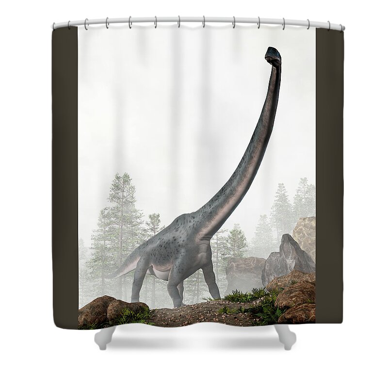 Dreadnoughtus Shower Curtain featuring the digital art Dreadnoughtus in Fog by Daniel Eskridge