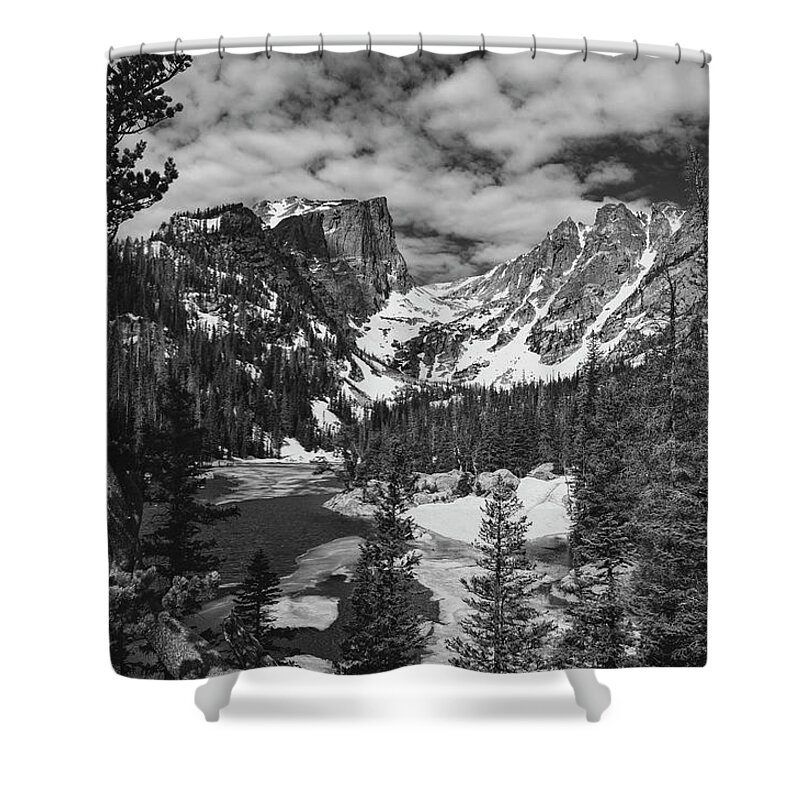 Dream Lake In Snow Black And White Shower Curtain featuring the photograph Dream Lake In Snow Black And White by Dan Sproul
