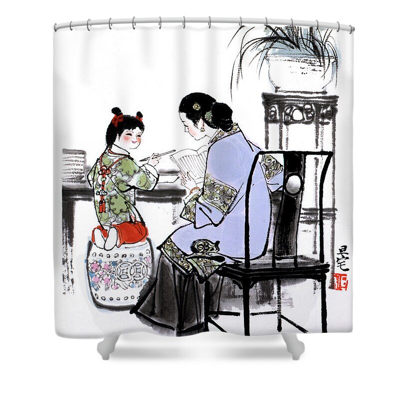 Liu Danzhai Shower Curtain featuring the painting Dream of the Red Chamber - Woman And Child Sitting At Writing Table by Liu Danzhai
