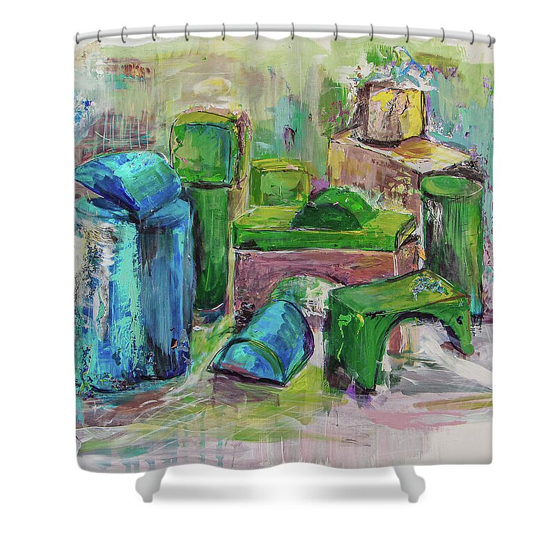 Feng Shui Blue Green Shower Curtain featuring the painting Dream Travels by Carla Dreams