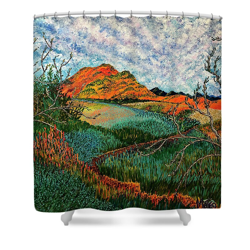 California Dreaming. Santa Susana Pass. The '60s.  The Sixties. The Dream. Shower Curtain featuring the painting Dreaming California. Santa Susana Pass, Los Angeles. by ArtStudio Mateo