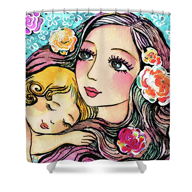 Mother And Child Shower Curtain featuring the painting Dreaming in Roses by Eva Campbell