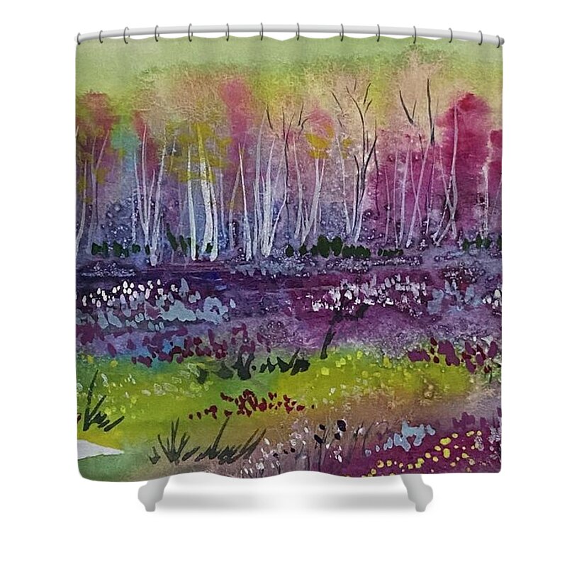 Escape To A World Of Dreams Shower Curtain featuring the painting DreamScape 1 by Kellie Chasse