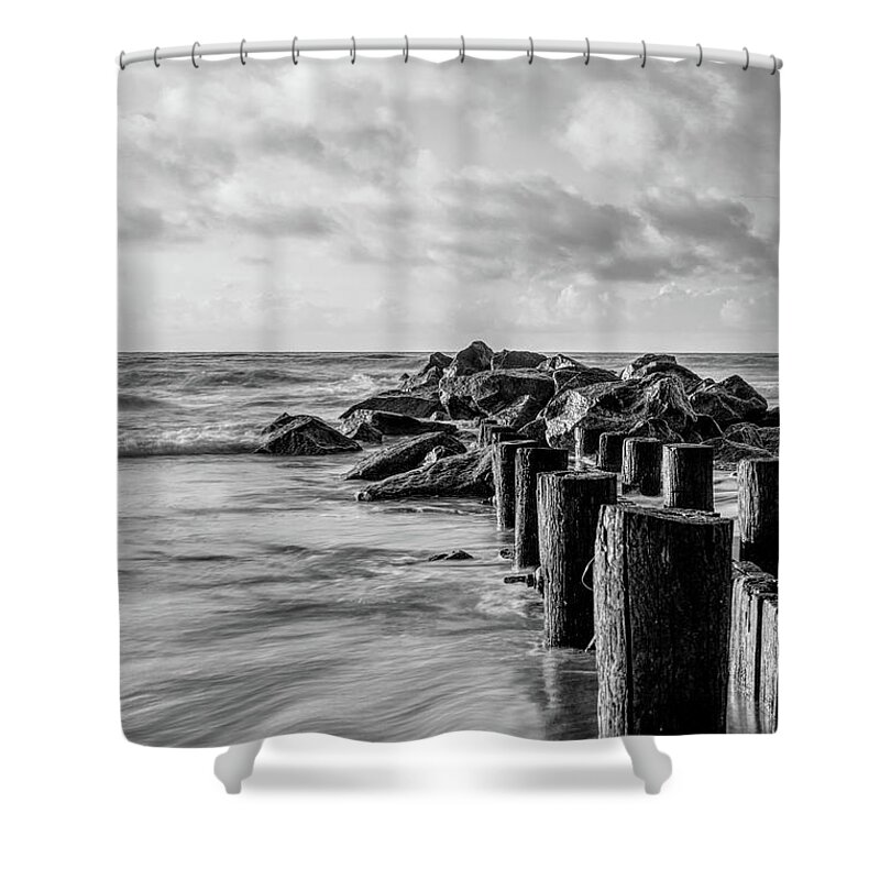 Atlantic Shower Curtain featuring the photograph Dreamy Jettie Grayscale by Jennifer White