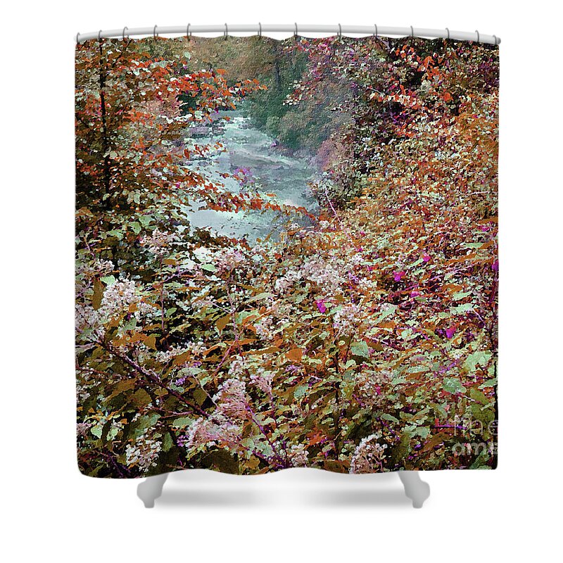 Landscape Shower Curtain featuring the mixed media Dry Falls Autumn by Sharon Williams Eng